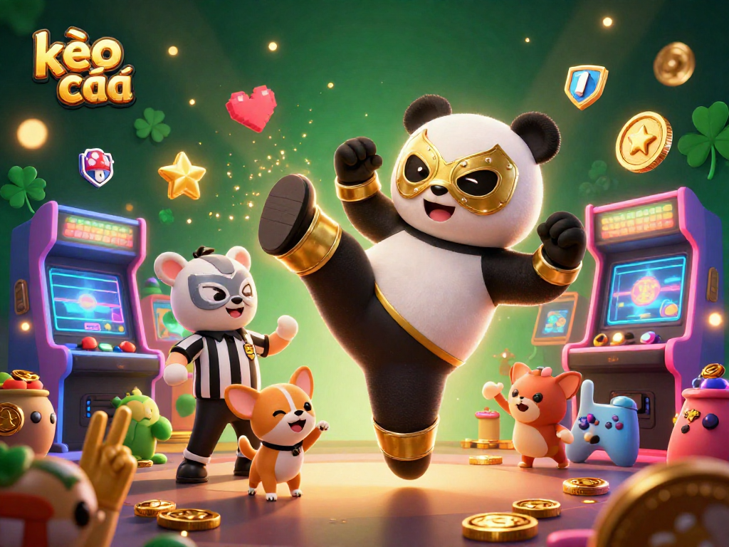 Engage in kèo nhà cái excitement with a dynamic 3D scene of a panda wrestler and casino elements.
