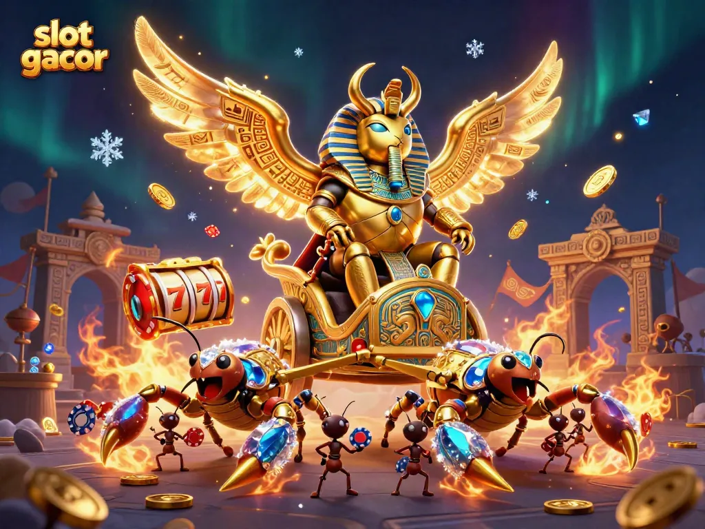 Spin slot gacor reels surrounded by a colossal golden scarab beetle and stunning casino ambiance.