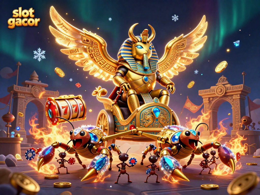 Spin slot gacor reels surrounded by a colossal golden scarab beetle and stunning casino ambiance.