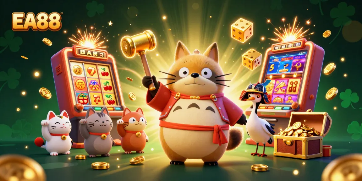 Win big with EA88 in this lively 3D casino scene featuring vibrant characters and gaming excitement