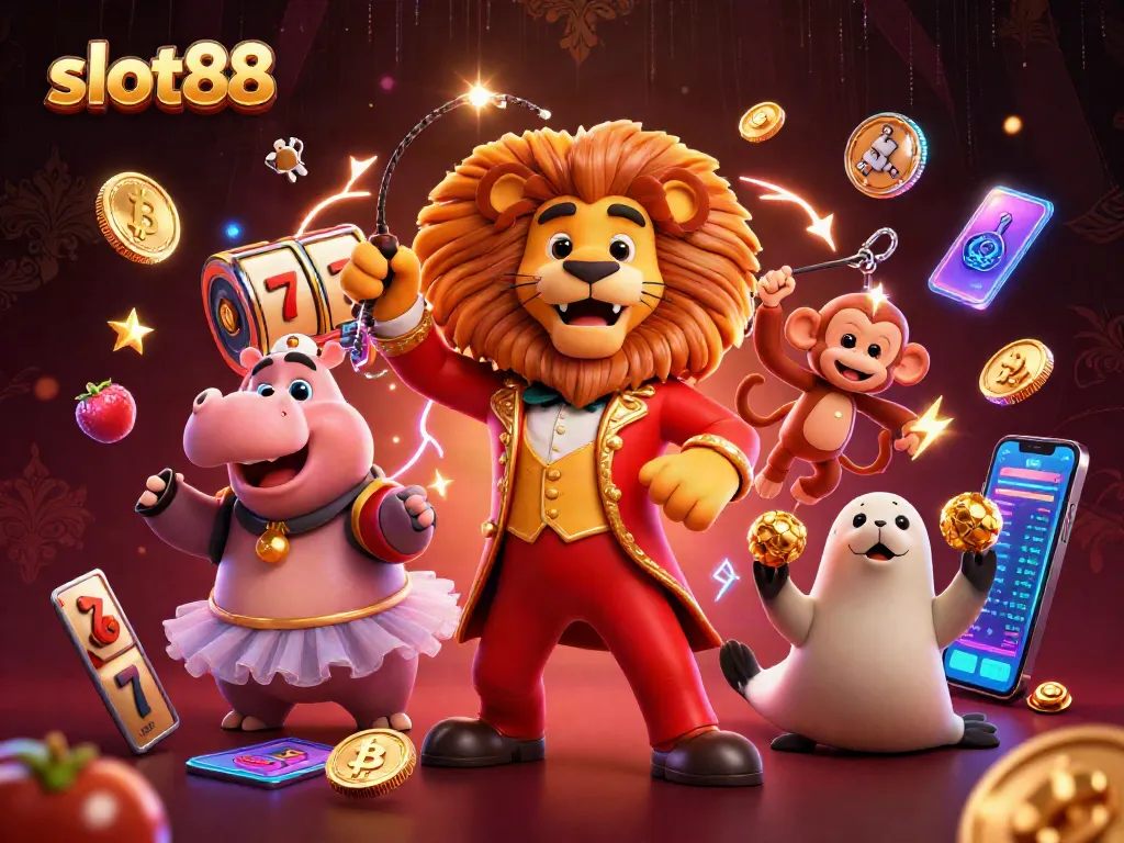 Menyenangkan slot88 dengan singa pengatur sirkus dan simbol-simbol jackpot yang menari.