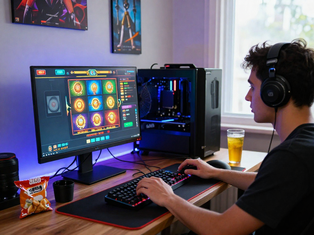 Pengguna pawangslot bermain game slot online di rumah dengan suasana nyaman dan dekorasi gaming yang menarik.