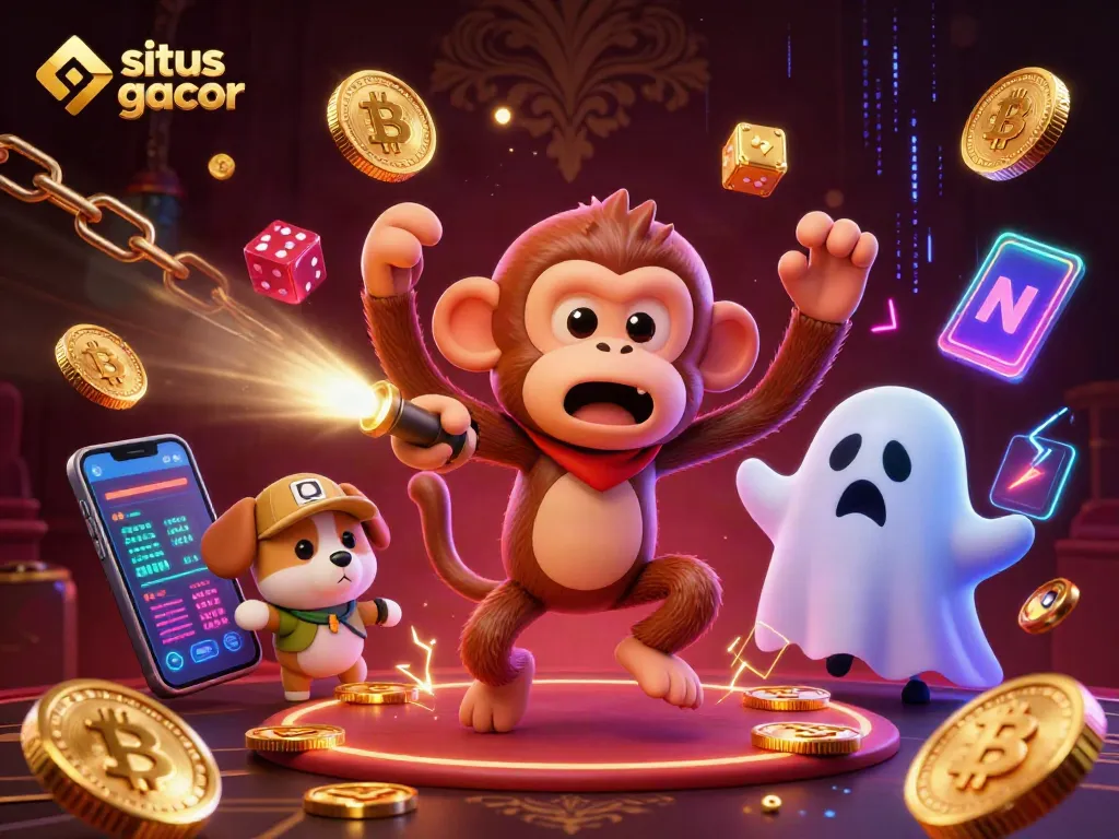 Menangkan jackpot di situs gacor dengan permainan slot menarik, dikelilingi koin dan elemen menggoda.