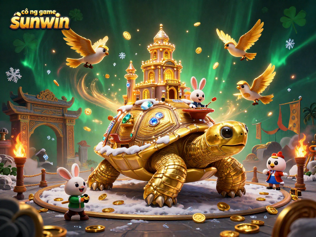 Engage with cổng game sunwin featuring a vibrant illustration of a golden tortoise casino and rabbit dealer.