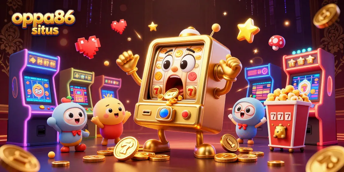 Spin the oppa86 situs slot machine jackpot as coins burst forth in this vibrant casino scene.
