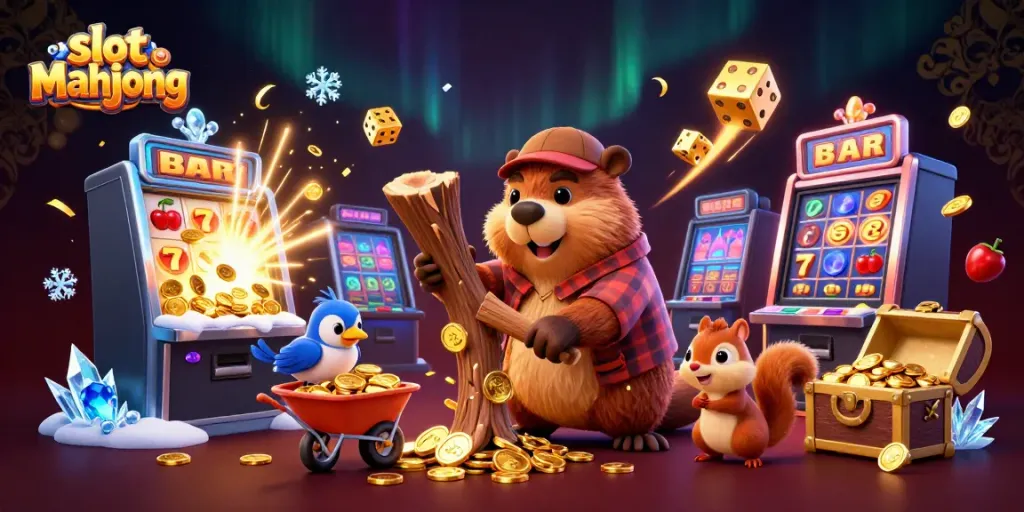 Permainan slot mahjong dengan karakter lucu, mesin slot, dan koin emas berjatuhan.