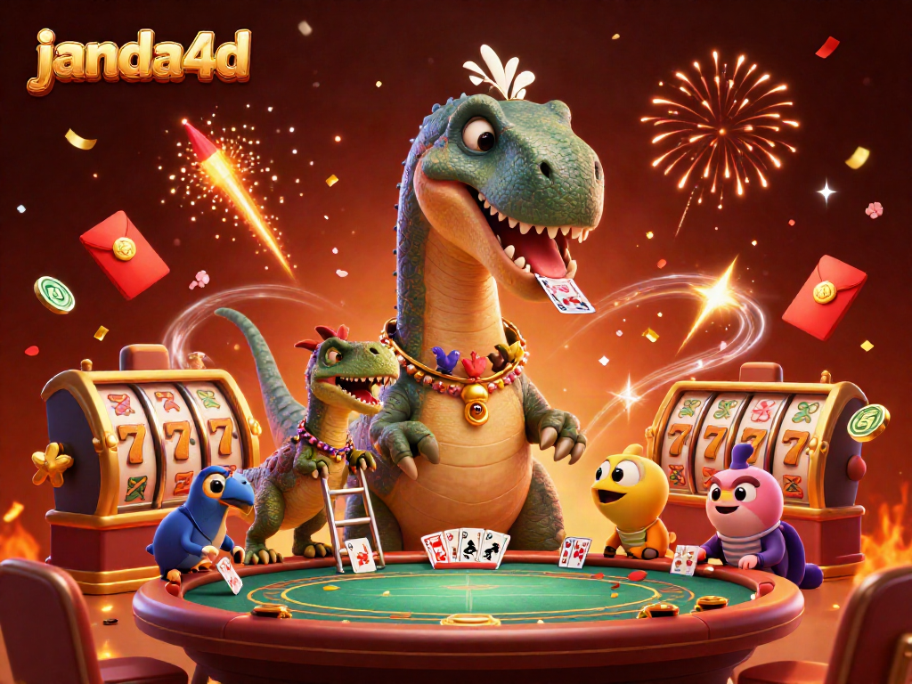 Menangkan permainan kasino dengan janda4d, sambil disaksikan dinosaurus besar mengamati meja poker.