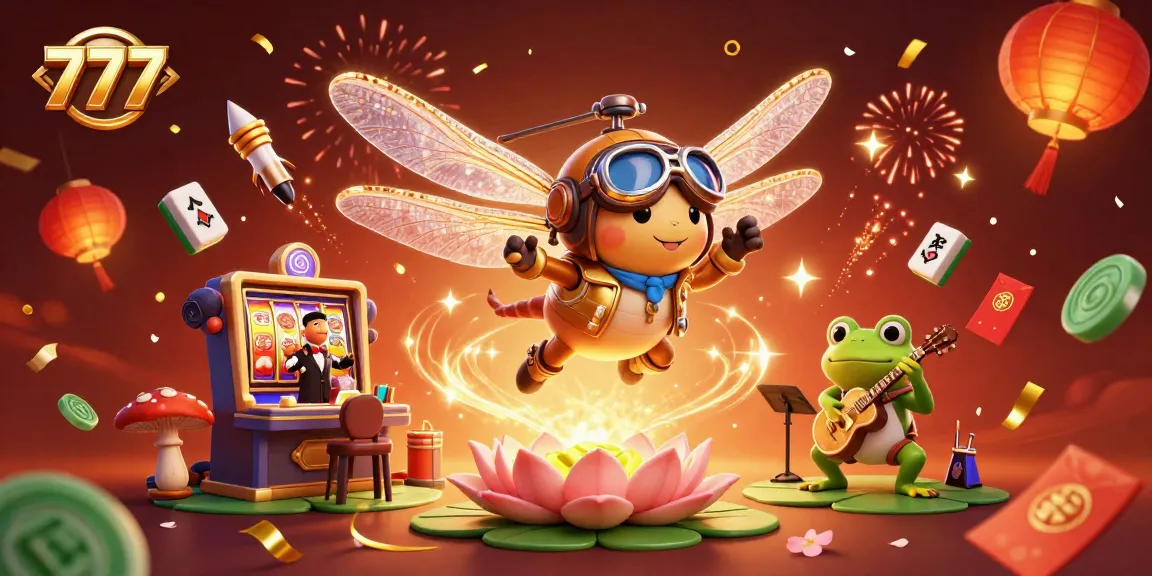 Experience thrilling gameplay with 777 slots in this vibrant casino illustration featuring a dragonfly pilot and frog croupier.
