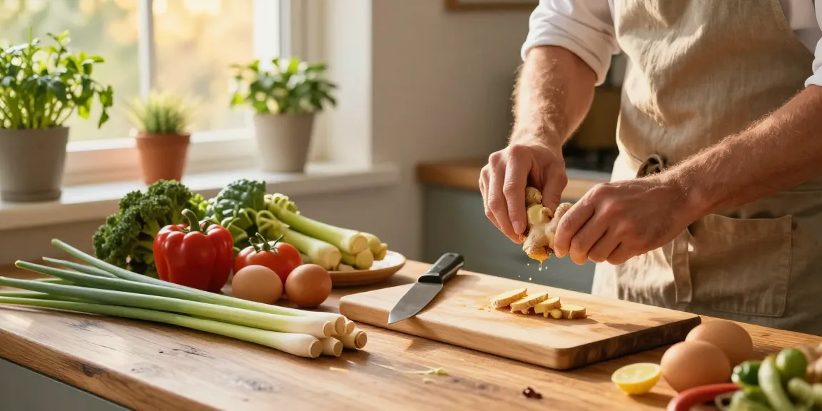 Fresh ingredients like ginger and eggs in a vibrant kitchen, showcasing เว็บสล็อต แท้ 100 เปอร์เซ็นต์ benefits through healthy cooking.