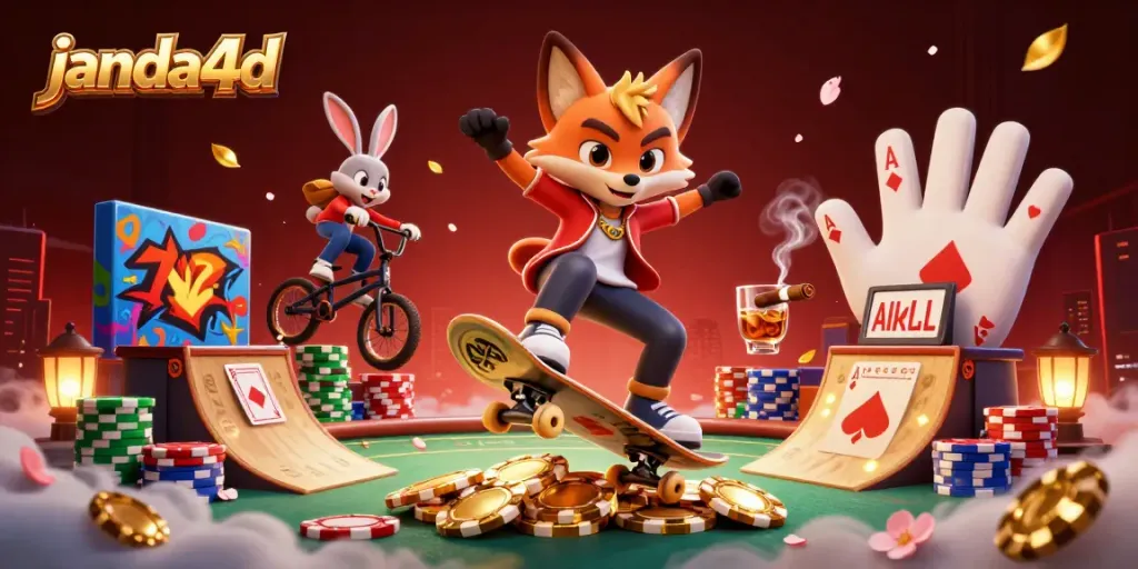 Gambarkan aksi seru di kasino online janda4d dengan karakter kartun yang menghibur dan elemen perjudian yang menarik.