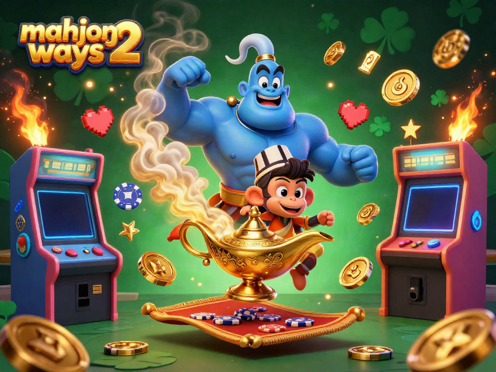 Experience Mahjong Ways 2 with the blue genie and magic carpet embellished with poker chips in this vibrant casino scene.