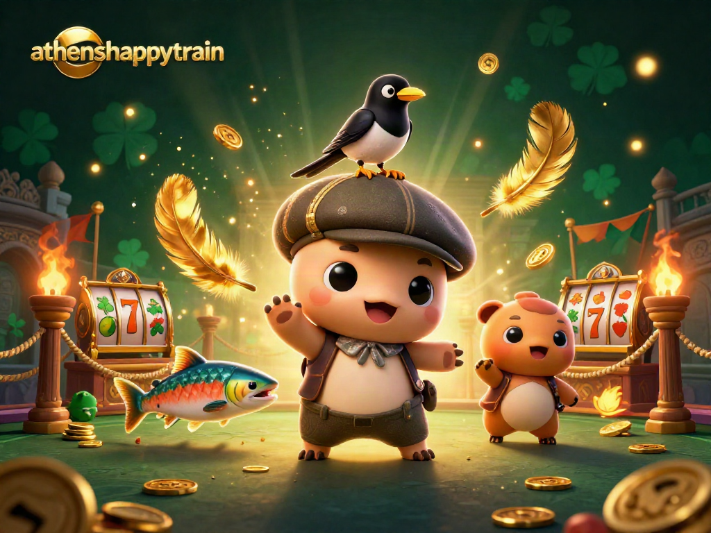 Athenshappytrain brings a lively casino scene with Nessie, a magpie, and salmon enjoying slot games.