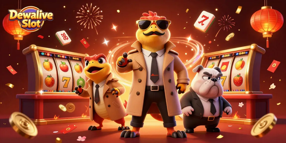 Dewalive Slot features a whimsical scene of raptors in a trench coat trying to enter a casino, amidst vibrant gaming elements.