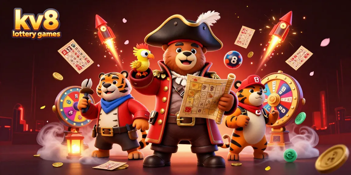 Experience the excitement of kv8 lottery games illustrated by a pirate captain bear, tiger, and parrot, surrounded by vibrant symbols.