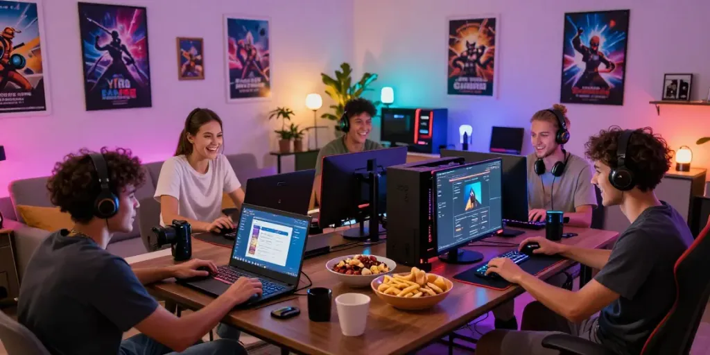 Friends enjoying Yono Games in a cozy living room gaming marathon.