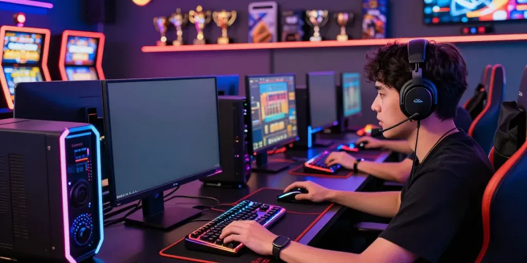 Akujnp online gaming setup with vibrant LED lights and player focused on screen.