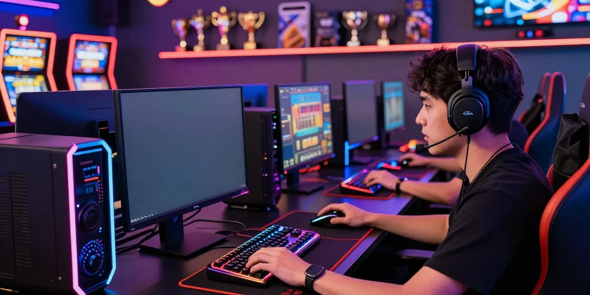 Akujnp online gaming setup with vibrant LED lights and player focused on screen.