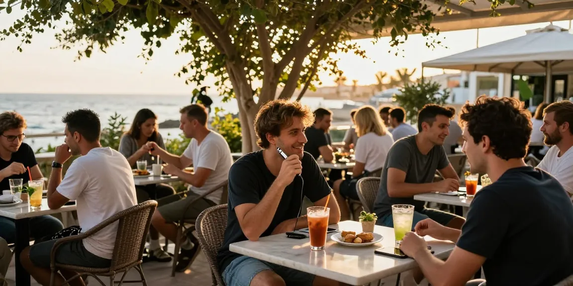 Is vaping legal in Cyprus? Enjoying a vape device in a lively outdoor café as part of a natural wellness experience.