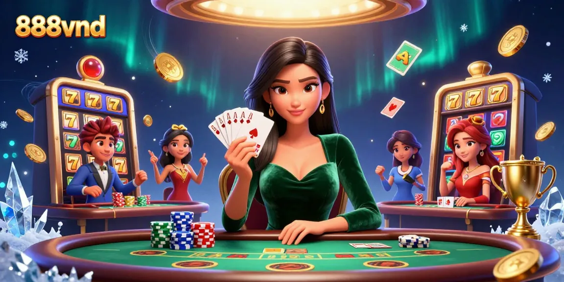 Play exciting games at 888vnd with a stunning Asian woman at a poker table.