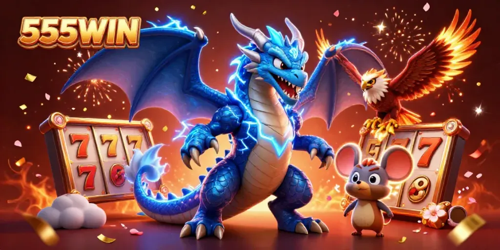 Experience the excitement of 555WIN with an electrifying 3D casino illustration combining powerful characters and vibrant game elements.
