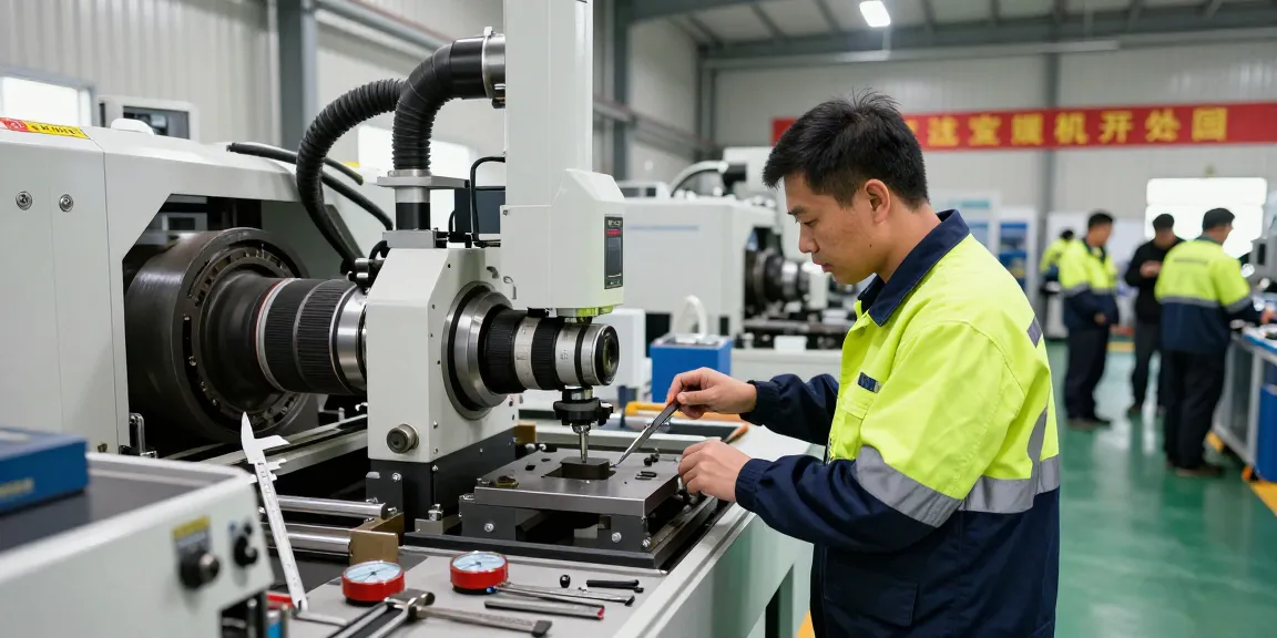 Technician inspecting high-precision machine with depo 5000 in an industrial setting.