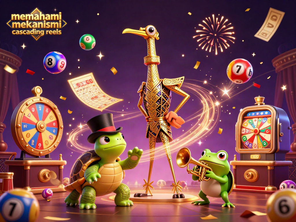 Ilustrasi mekanisme cascading reels menunjukkan karakter kasino bersama jackpot dan elemen permainan.