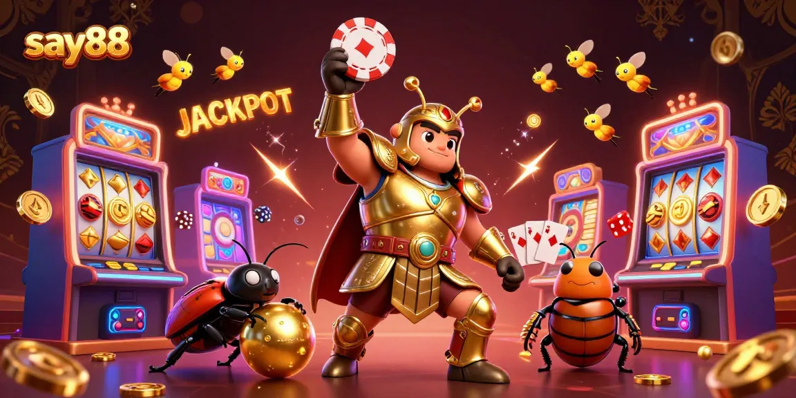 Engage in immersive gameplay at say88 with an illustrated jackpot scene, featuring winning characters and casino elements.