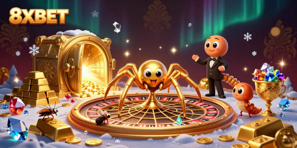 Engage with 8XBET's dynamic 3D casino scene, featuring a spider and croupier in a roulette wheel setting.