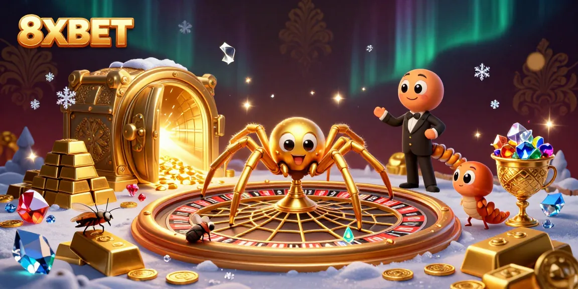 Engage with 8XBET's dynamic 3D casino scene, featuring a spider and croupier in a roulette wheel setting.
