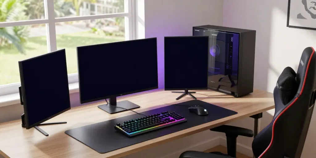 Pengalaman bermain KONEK4D x GRANDBET88 di setup gaming modern dengan monitor dan keyboard canggih.