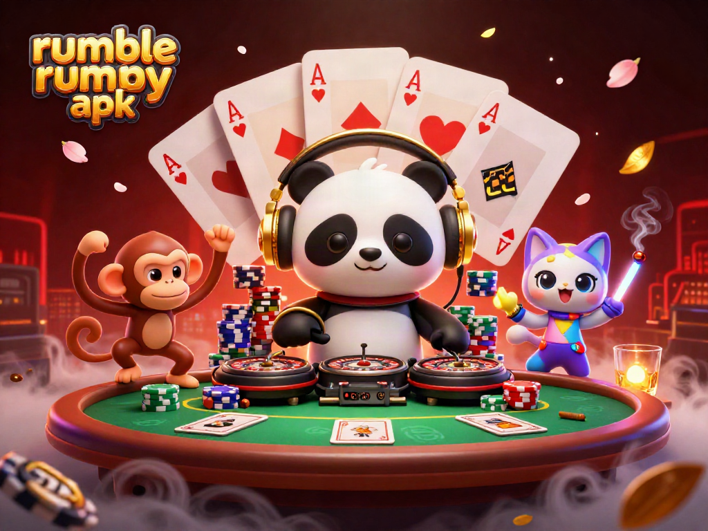 Engage in thrilling fun with the Rumble Rummy APK illustration featuring vibrant characters and casino elements.