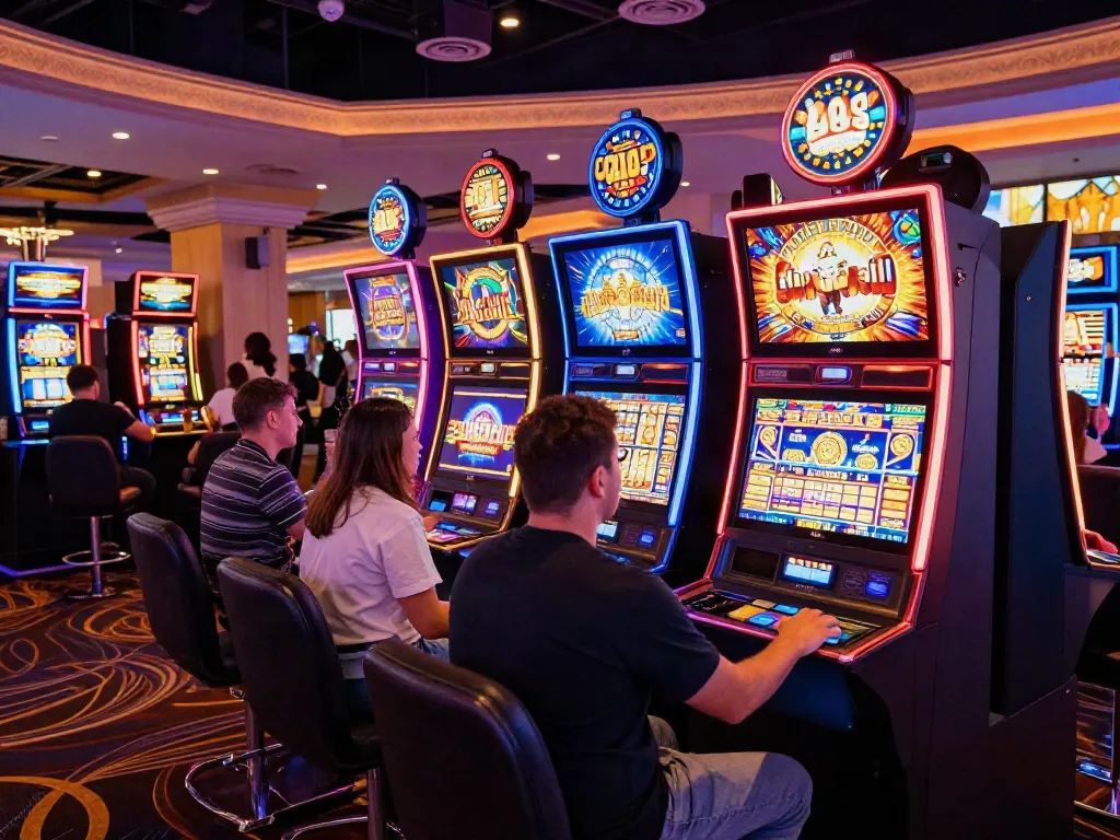 Players enjoying bright slot machines in a lively casino.