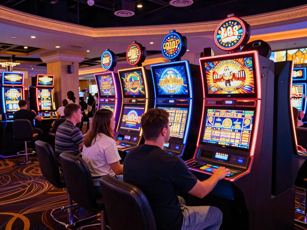Players enjoying bright slot machines in a lively casino.