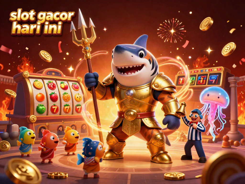 Permainan slot gacor hari ini dengan karakter hiu berarmor emas bermain dengan slot reels yang penuh dengan simbol keberuntungan.