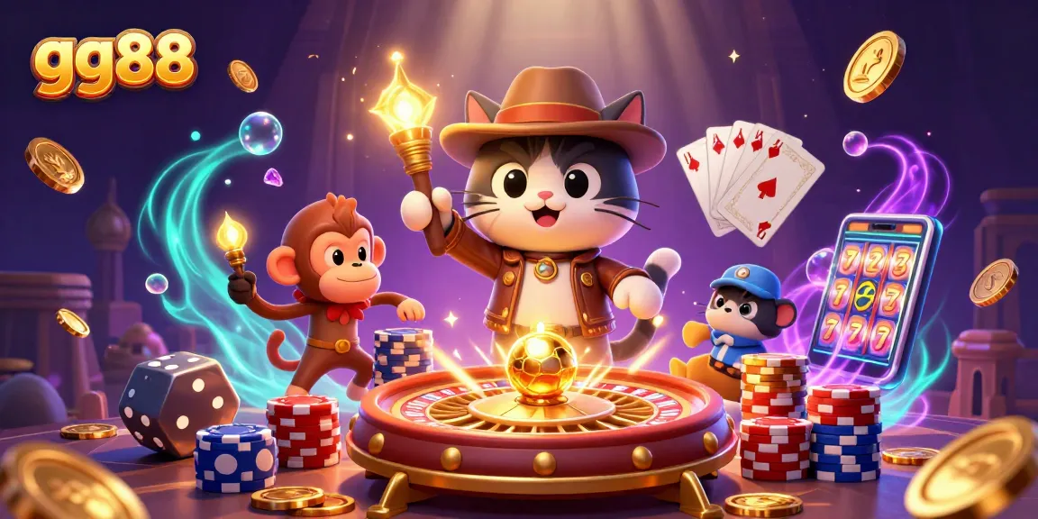 Experience victory with gg88 as a cat explorer uncovers golden casino artifacts in a vibrant temple.