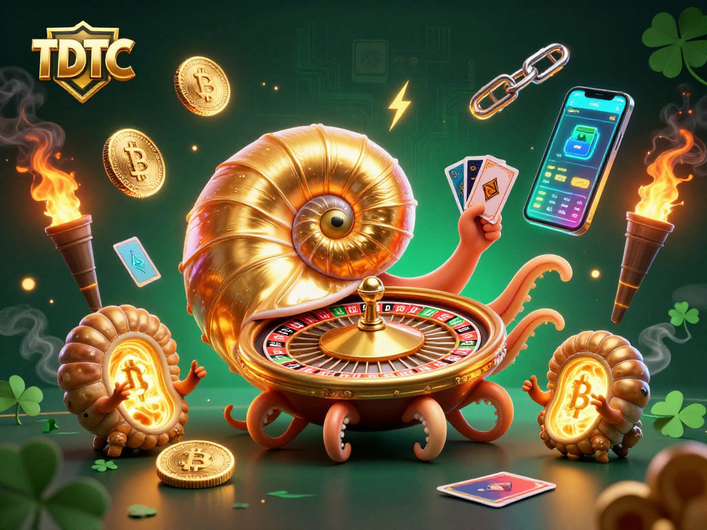 Engage with TDTC through dynamic blockchain elements and glowing 3D casino icons in this vibrant illustration.
