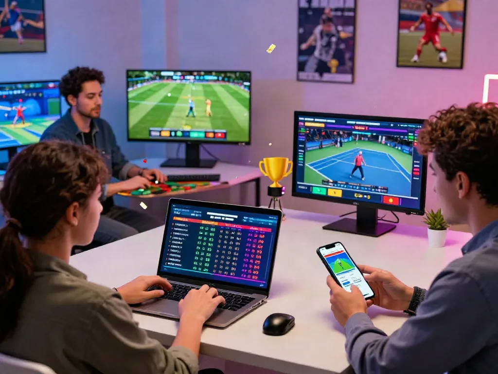 Engaging lotus365 online betting scene with diverse individuals exploring cricket, football, tennis, and live casino games on screens in a vibrant atmosphere.