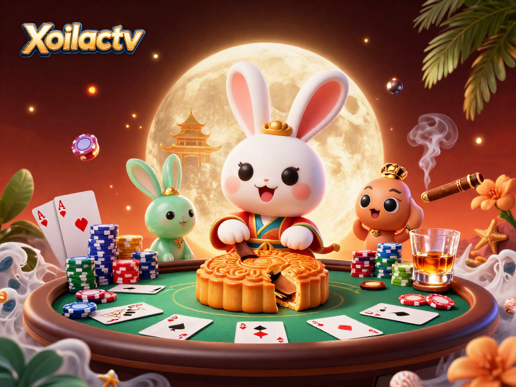 Xoilactv captures a whimsical moon rabbit theme in an immersive poker scene, blending culture and gambling.