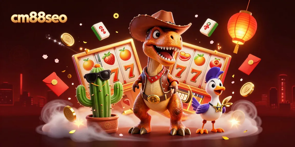 Engage with cm88seo's thrilling slot reels in a dynamic casino scene featuring vibrant characters.