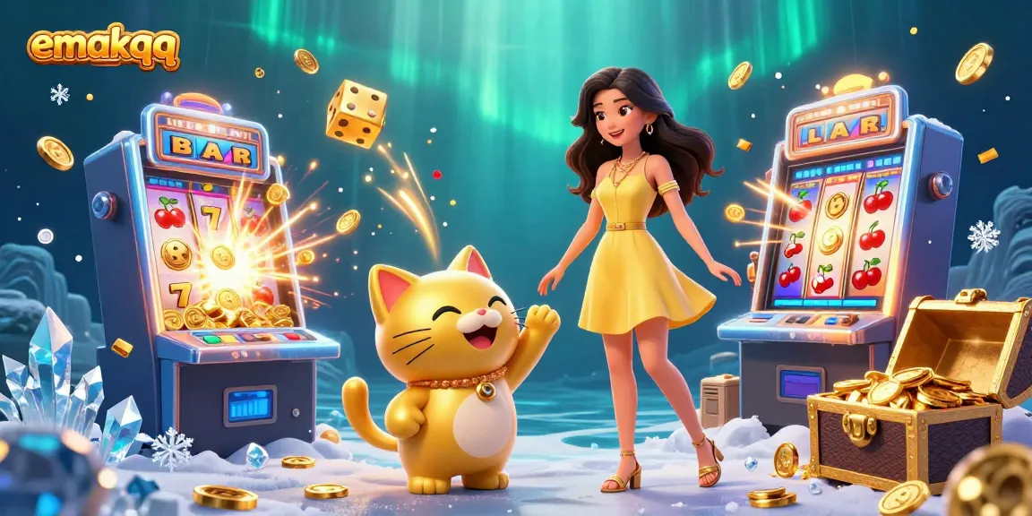 Experience the thrill of winning with emakqq in this vibrant casino-themed illustration, showcasing a joyful interaction and jackpot excitement.