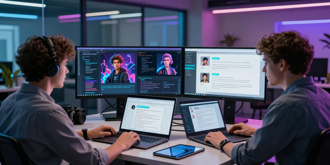 Developers utilizing advanced nsfw ai technology in a vibrant digital workspace.