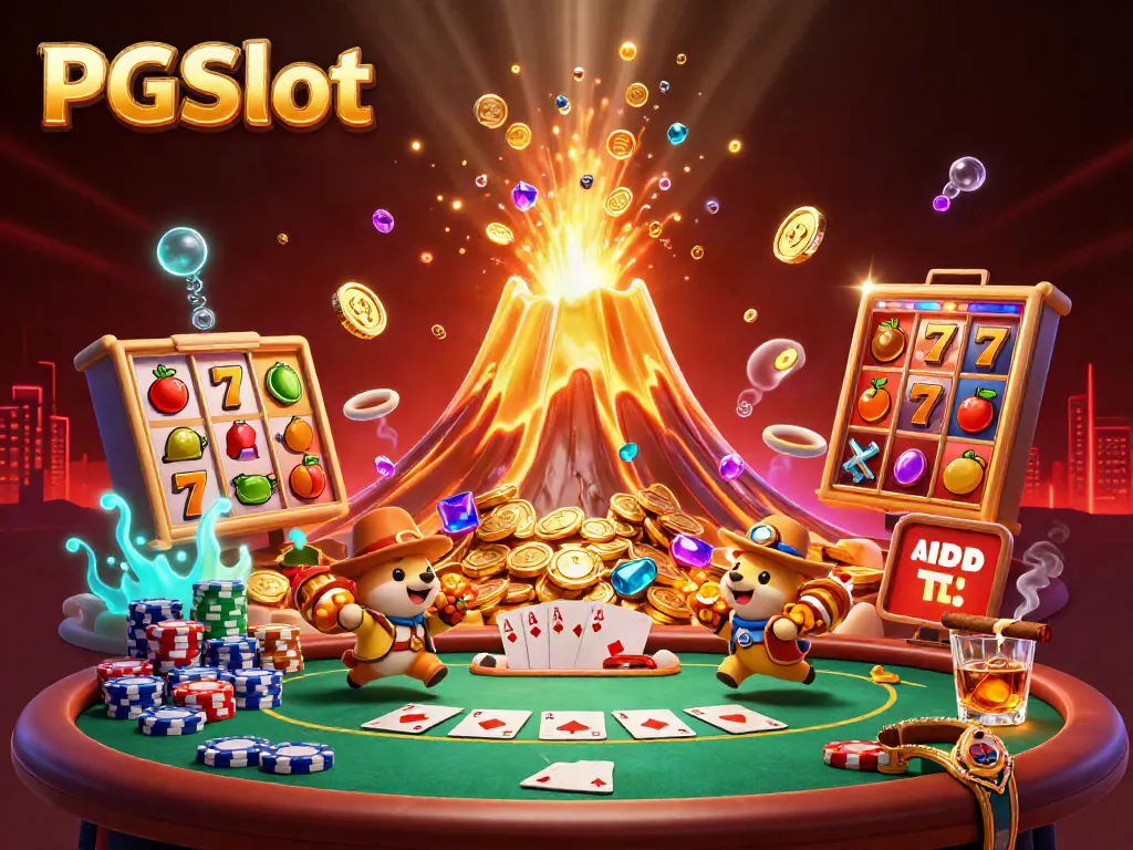 Engage with PGSlot's adventure as golden lava erupts treasure in this captivating casino scene.