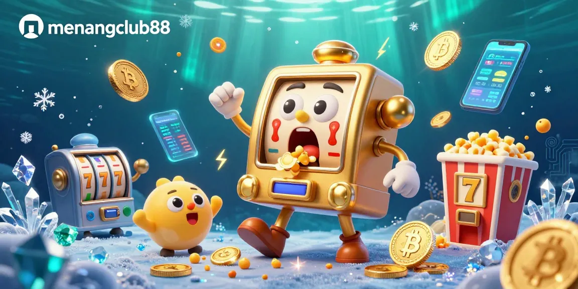 Spin and win at menangclub88 with a lively golden slot machine hitting a jackpot amid cheer and crypto excitement.
