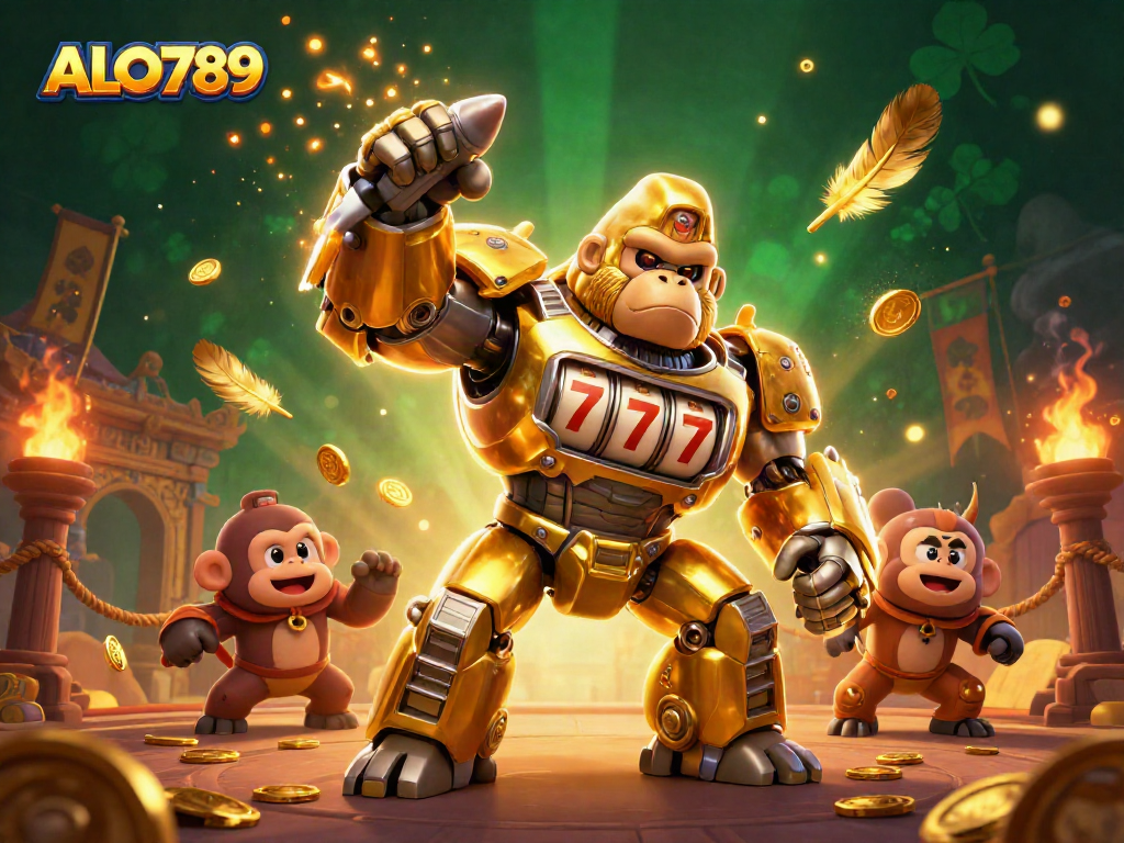 ALO789 brings excitement with a golden gorilla mech amidst thrilling gambling elements.