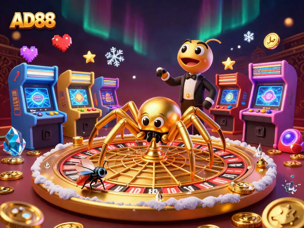 Combine bets in the AD88 vibrant 3D casino with a spider and fly amidst arcade action.