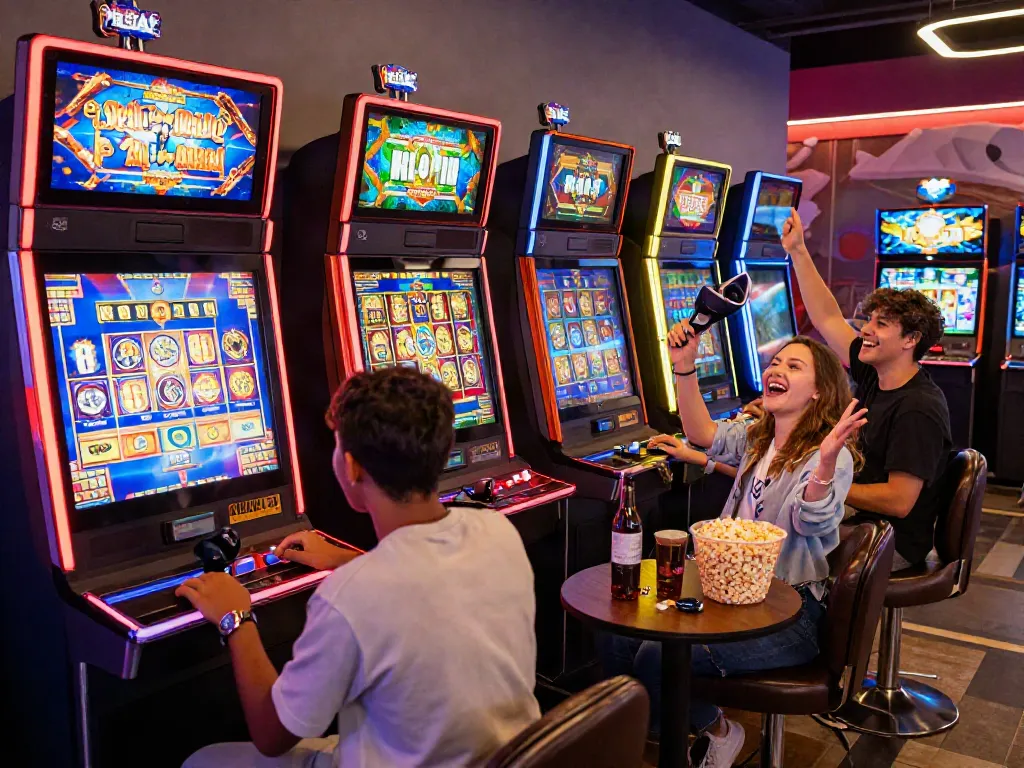 Exciting gaming scene with players testing ทดลองสล็อต at modern slot machines in a vibrant casino.