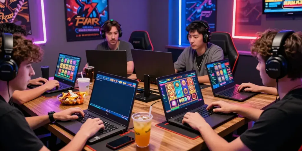 Players engaging with king999 online slot games in a vibrant gaming room.