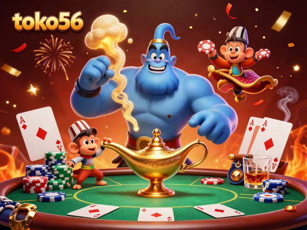 Menggandakan keseruan permainan di toko56 dengan kasino yang penuh warna, dikelilingi oleh chip poker dan kasino.