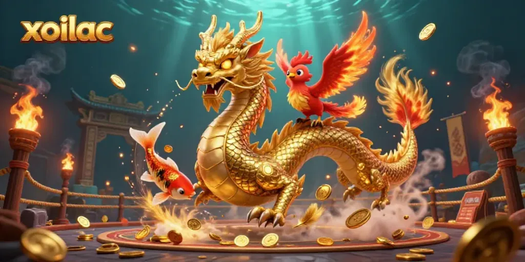 Xoilac showcases a fierce dragon and phoenix in a vibrant casino scene with coins and glowing elements.