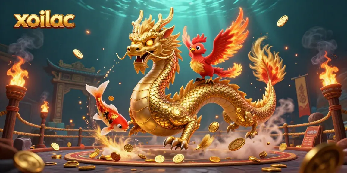 Xoilac showcases a fierce dragon and phoenix in a vibrant casino scene with coins and glowing elements.